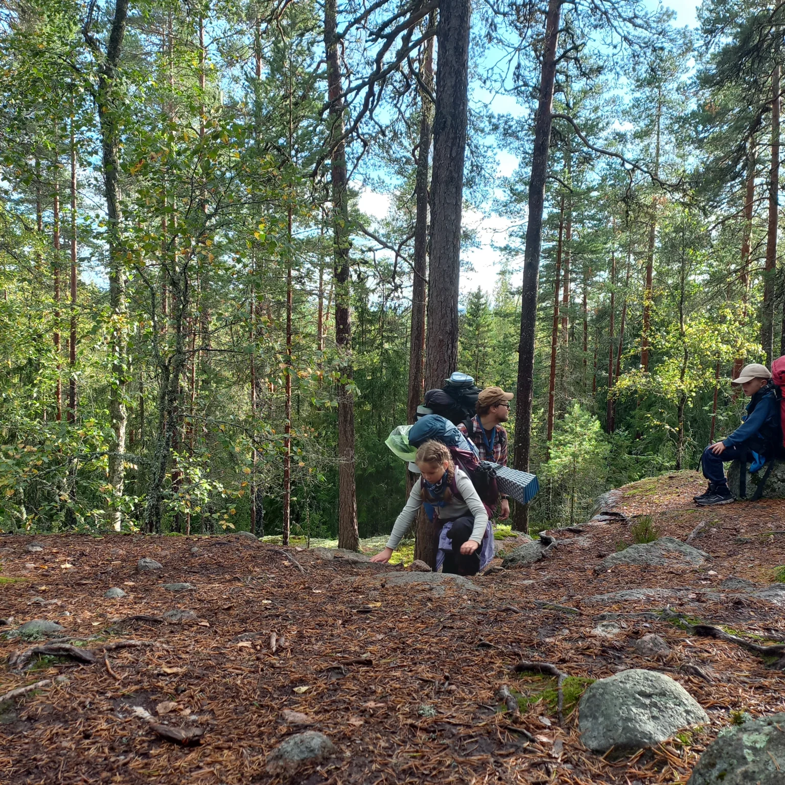 Kaksi sudenpentuikäistä partiolaista kiipeää mäkeä ylös johtajan kanssa