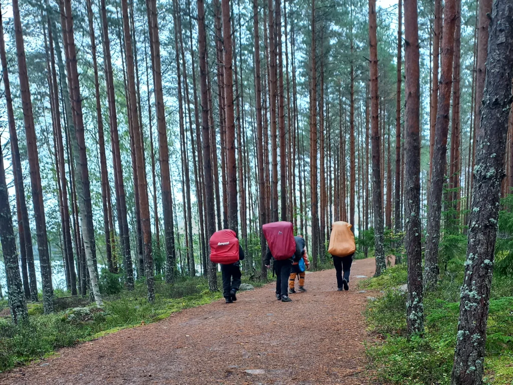 4 tarpojaikäistä poikaa kävelee leveällä metsäpolulla rinkat selässä